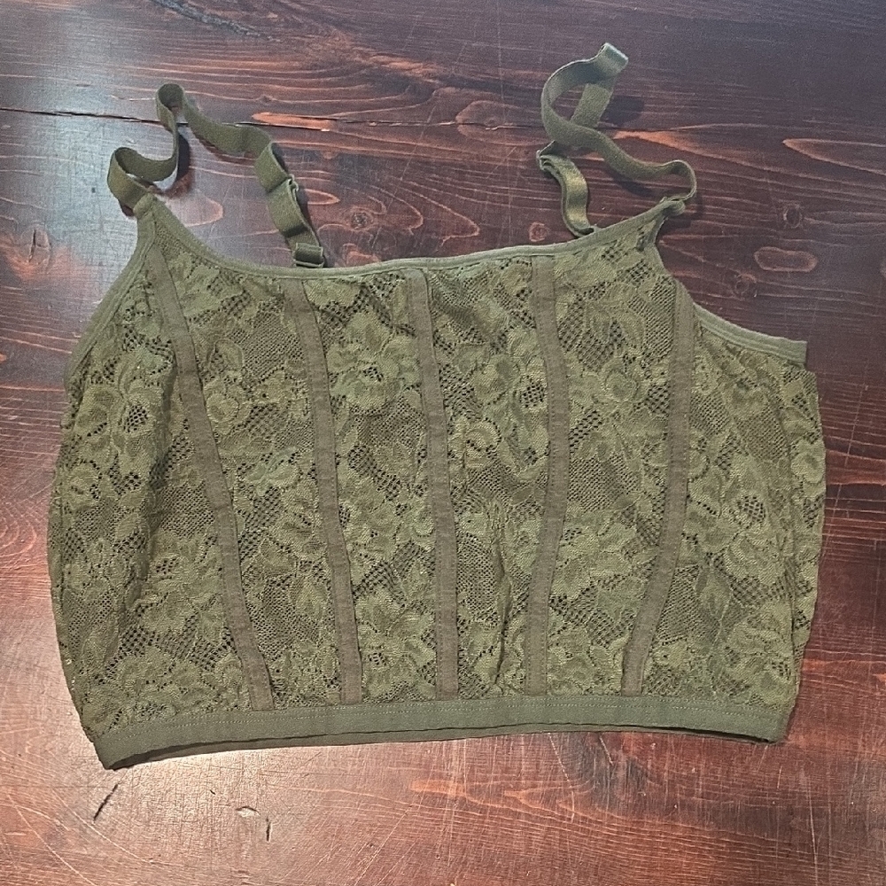 Colsie Olive Green Floral Lace Bralette - Size Large - Longline Style